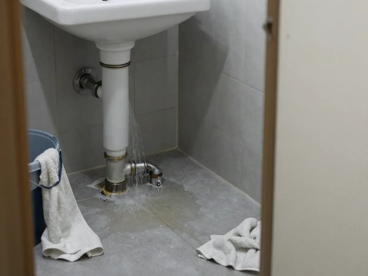 Voda prska iz popuštenog spoja na cijevi ispod umivaonika, lokva na pločicama, krpe i kanta uz zid